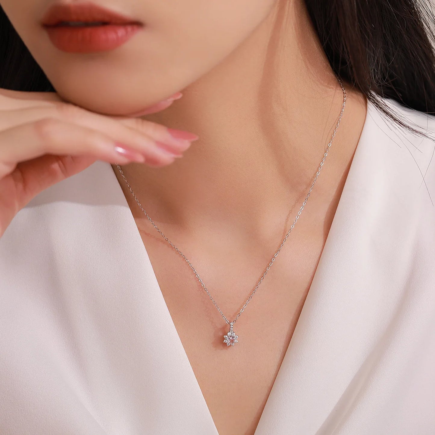 Wholesale 925 Sterling Silver Elegant Pink Sunflower Pendant Necklace Earring Set Elegant Luxury Jewelry Gift Set