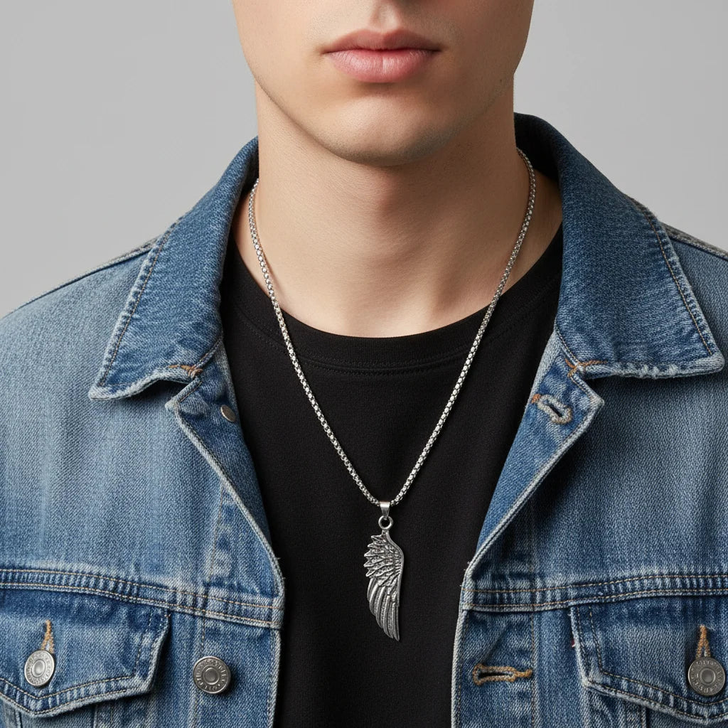 Wholesale Punk Rock n Necklace Zinc Alloy Wing Pendant Necklaces Men Jewelry Stainless Steel Chain
