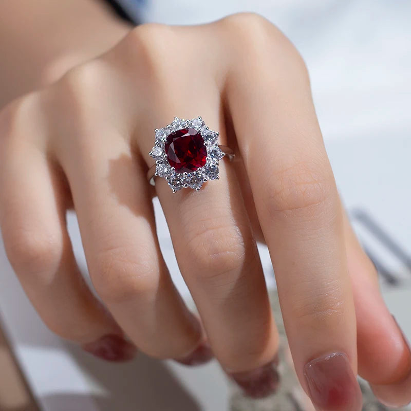 Messi Jewelry MSR-955 S925 Lab Ruby Cushion Cut Ring Flower Design Engagement Ring Wedding Band Classic Gift