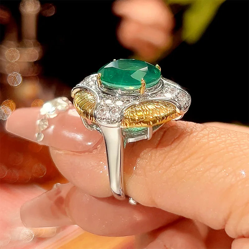 REDheart Trendy Copper Inlaid Zircon Plated Two-Color Open-Opening Movable Flower Ring Simulation Emerald Palace Style Niche Set