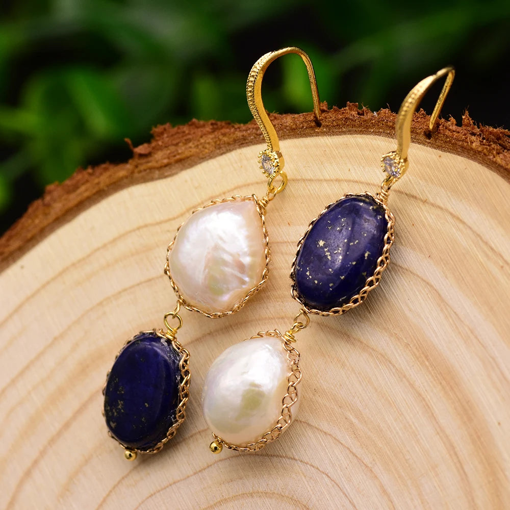 Natural Lapis Lazuli Pearl Temperament Drop Earrings for Women Girls Party Gift Original Design Luxury  Earrings Bulk