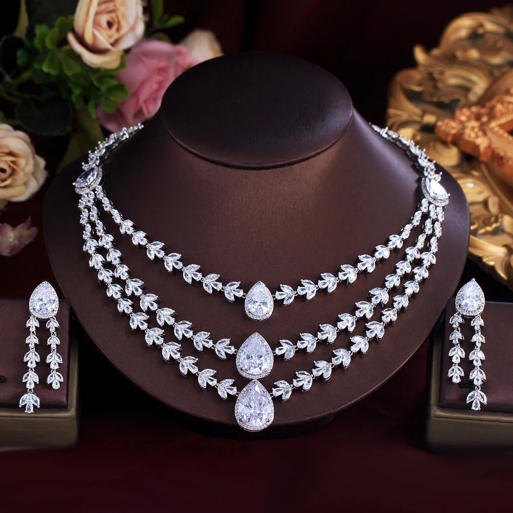 Shiny White Zirconia Water Drop 3 Layers Luxury Leaf Necklace and Earrings Wedding Bridal Big Jewelry Set for Women Party Wear