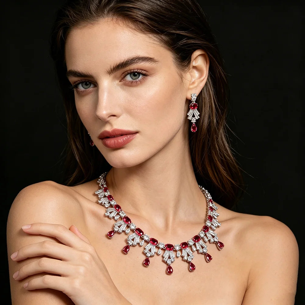 XM S314 Oval Cut Zircon Art Deco Statement Necklace & Drop Earrings Set