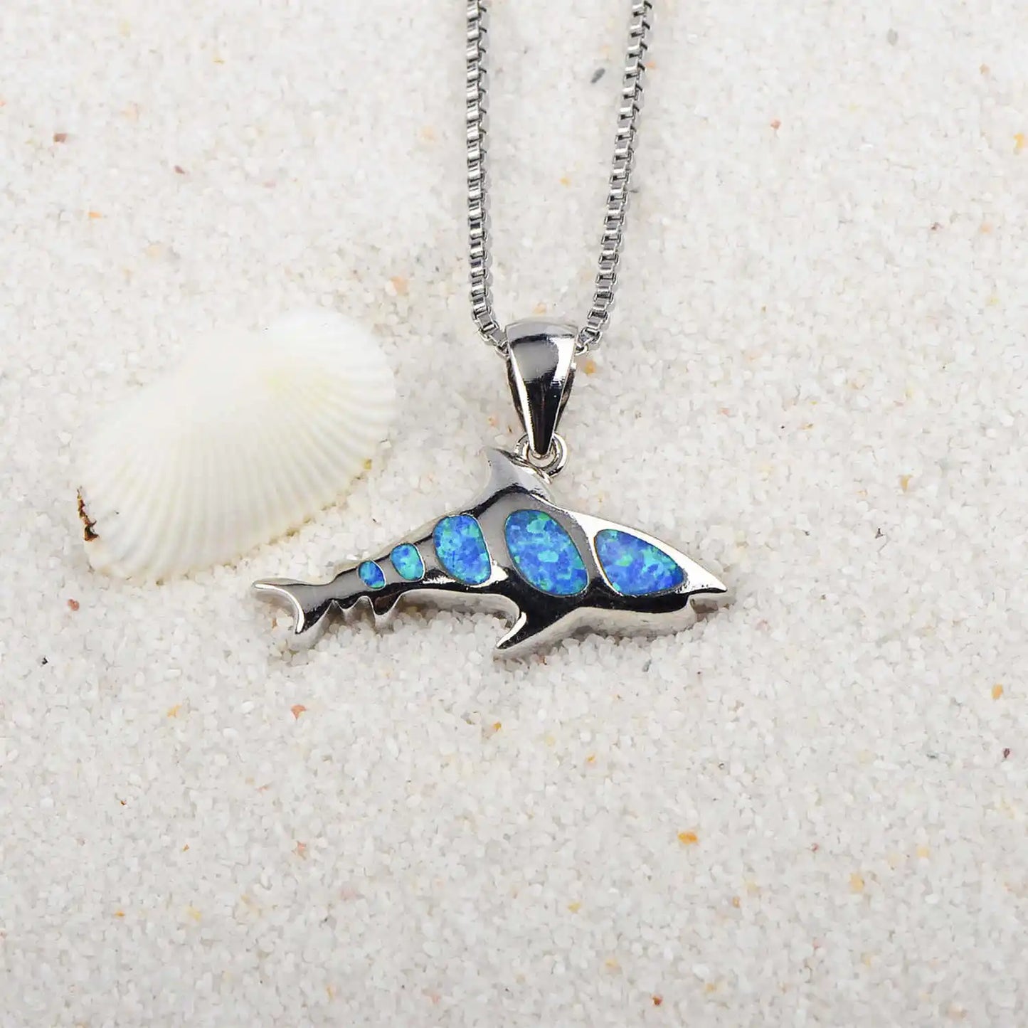 European & American Fashion Trendy Silver Plated Copper Shark Pendant Necklace Blue Opal Ocean-Inspired Sweater Chain for Women
