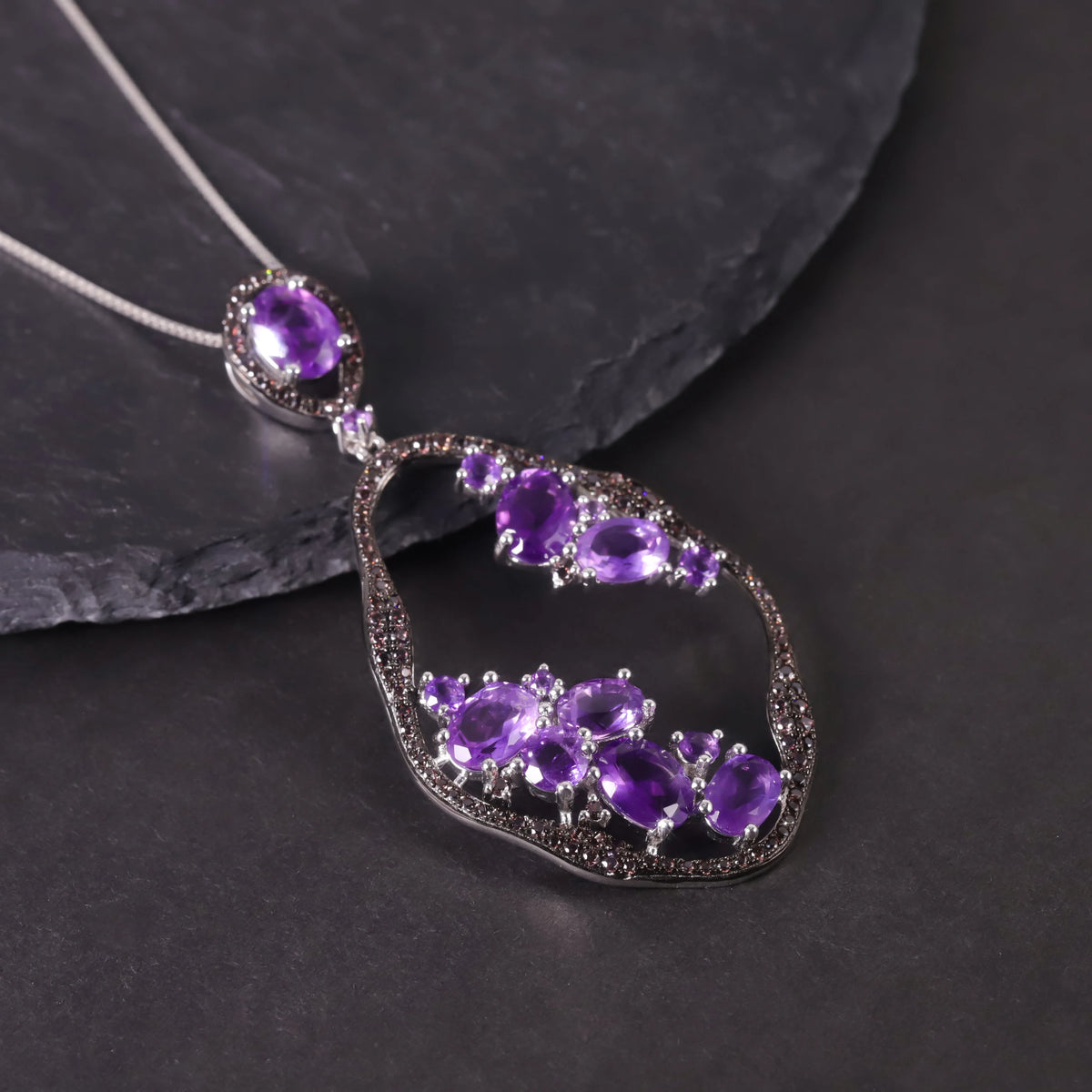 S&S Natural Amethyst & Smoky Nano Fine Jewellery Set | 925 Silver Rhodium Plated | Oval Cut | S&S Collection