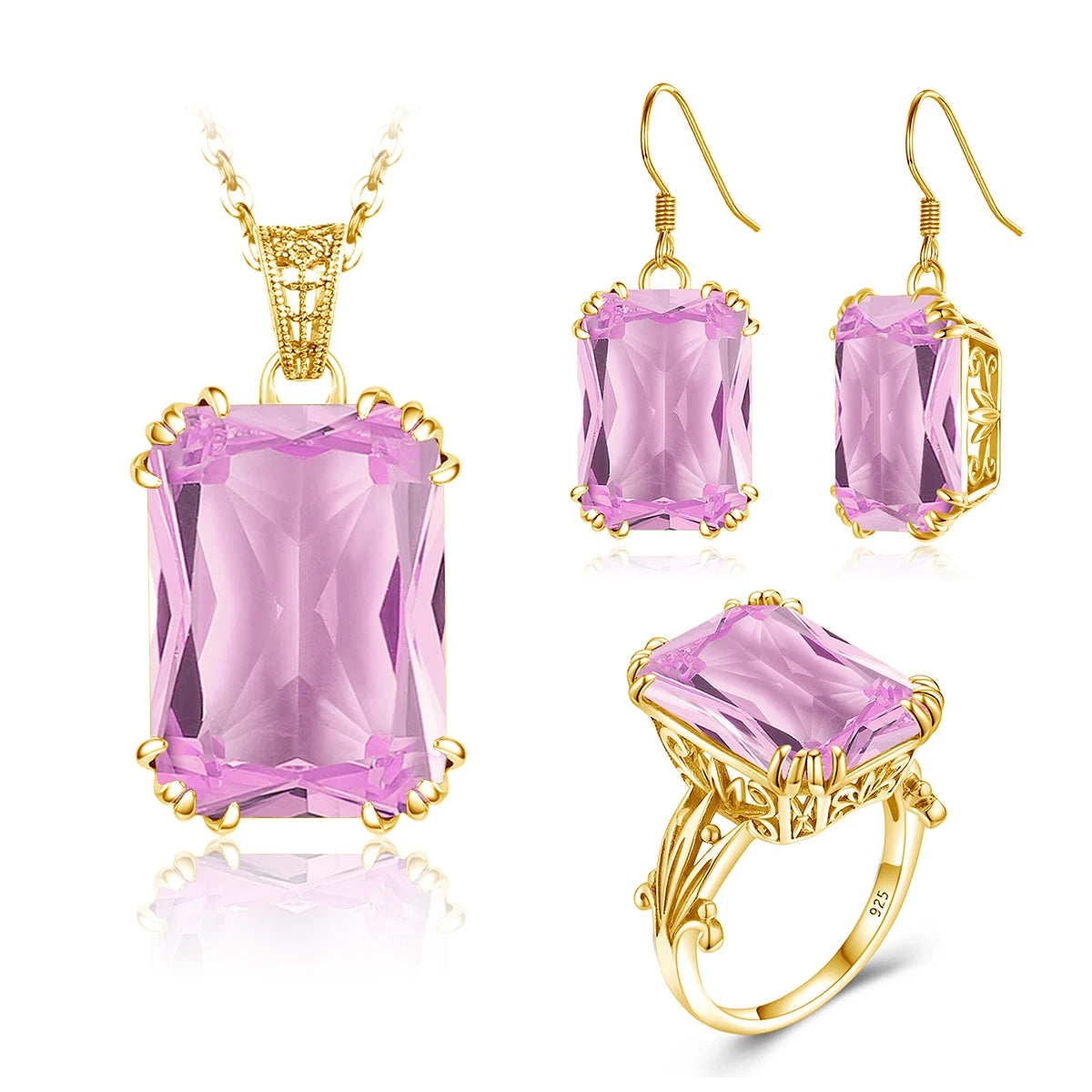 ArtistA New Women Gemstone Ring Earrings Pendientes Boho Wedding 925 Sterling Silver Amethyst Gold Jewelry Set