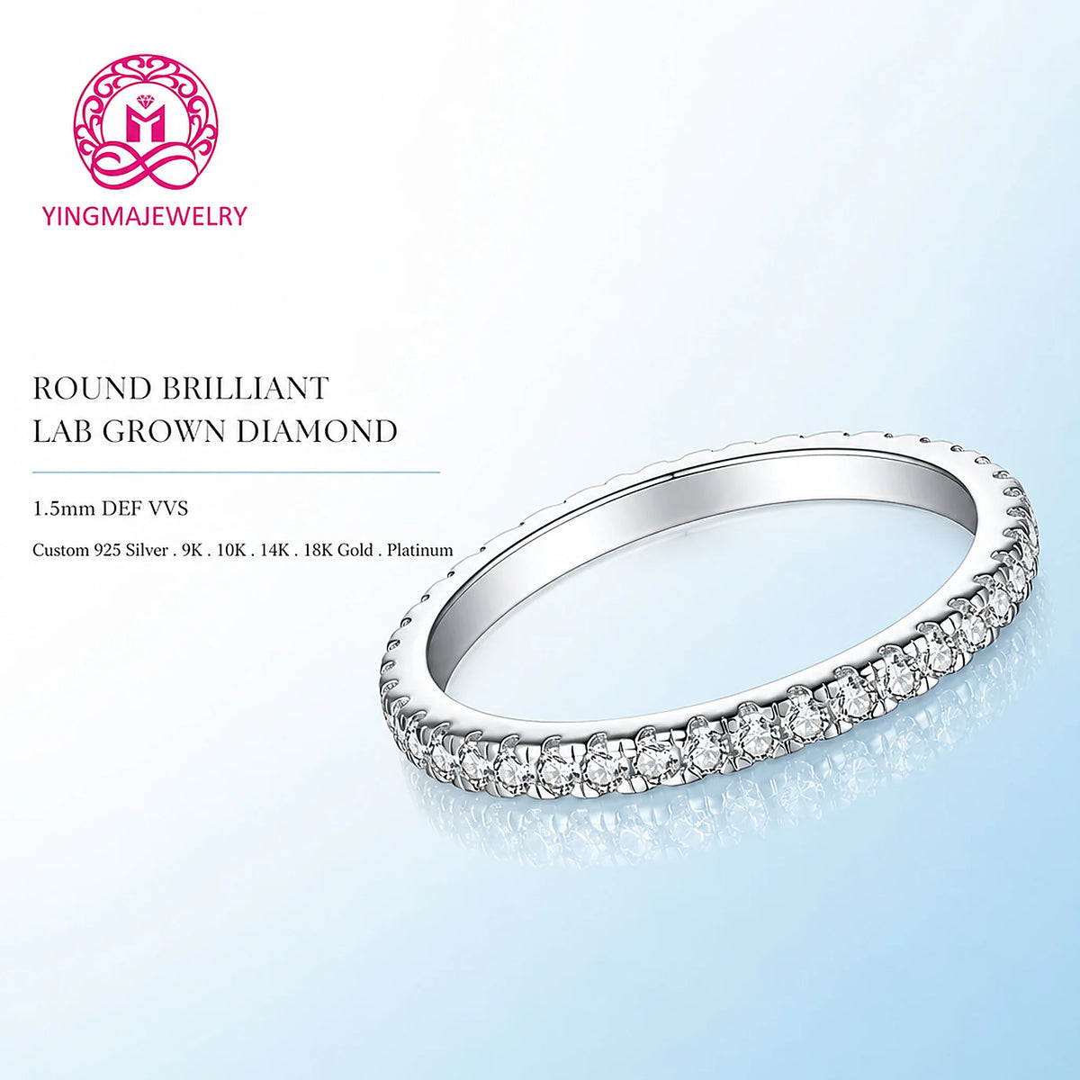 Gioiellieri Round Brilliant Lab Grown Diamond Half Eternity Band 1.5mm DEF VVS 9K 10K 14K 18K Gold Platinum Women Fine Jewelry