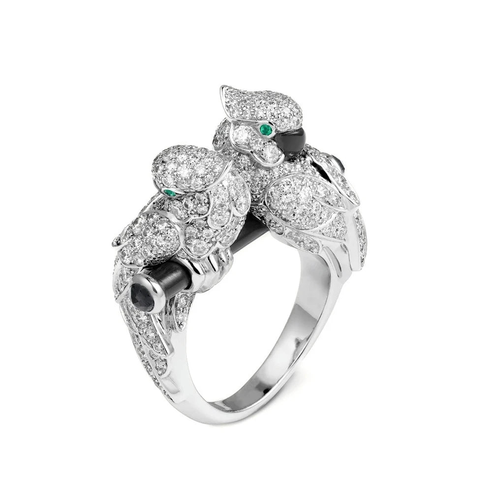 MuShan Jewelry Factory 925 Sterling Silver Gold Plated Ring High Carbon Diamond Double Headed Parrot Ring High End Accessory