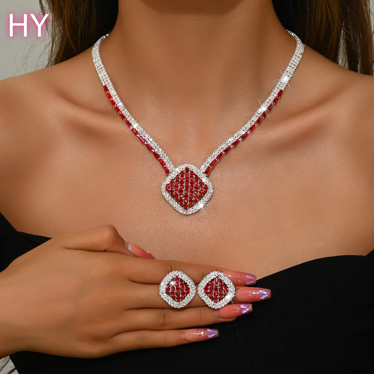 HY  Elegant Luxury Ladies Jewelry Sets Wedding Anniversary Bridal Accessories Copper Shining Earrings Necklaces for Women Set