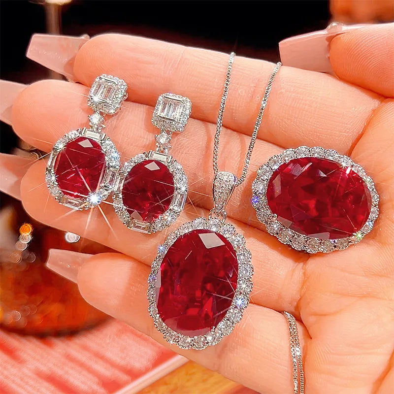 Gemfiori European and American Atmospheric Pigeon Egg Zircon Inlaid Pendant Earrings Ring Three Piece Set Banquet Party Accessories