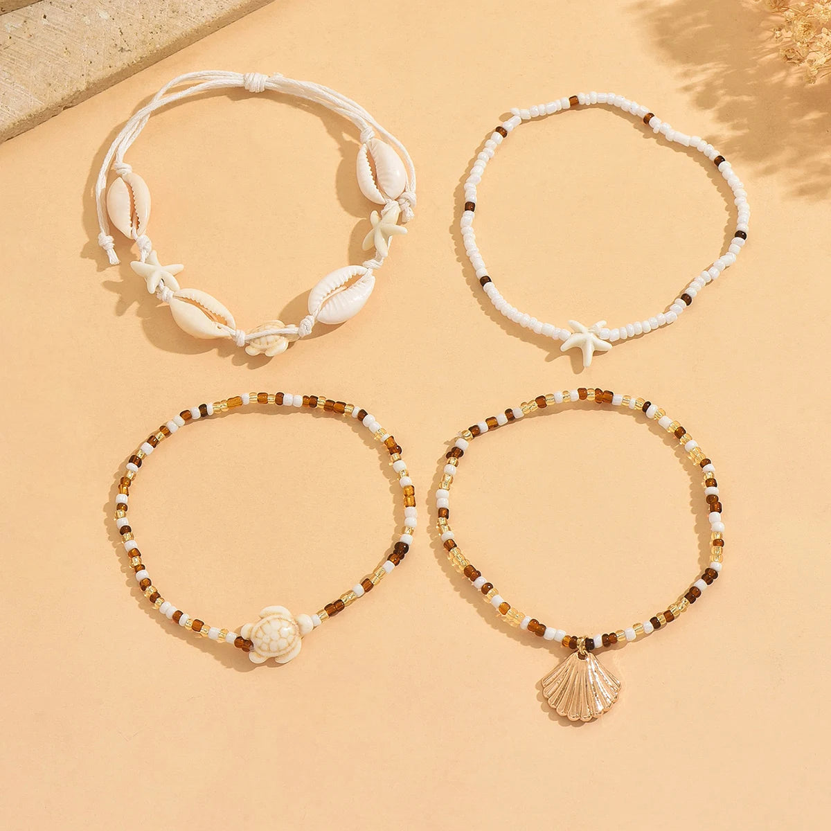 New Bohemian 4pcs/set Adjustable Foot Chain Anklet Resin Starfish Sea Turtle Shell Strands Alloy Jewelry for Beach Vacation Gift