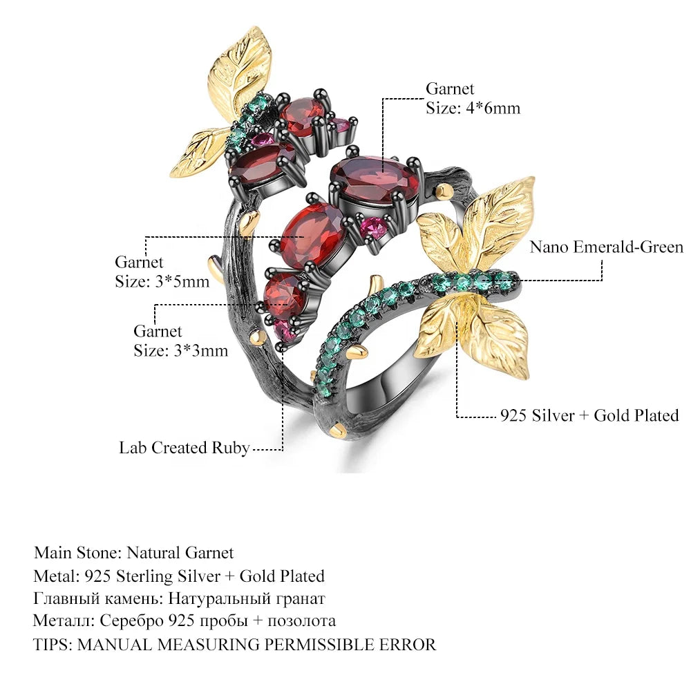 ArtistA Abiding Dainty Natural Gemstone Garnet 925 Silver Branch Butterfly Earrings Ring Jewelry Set with Two Tone Plated Best Gifts