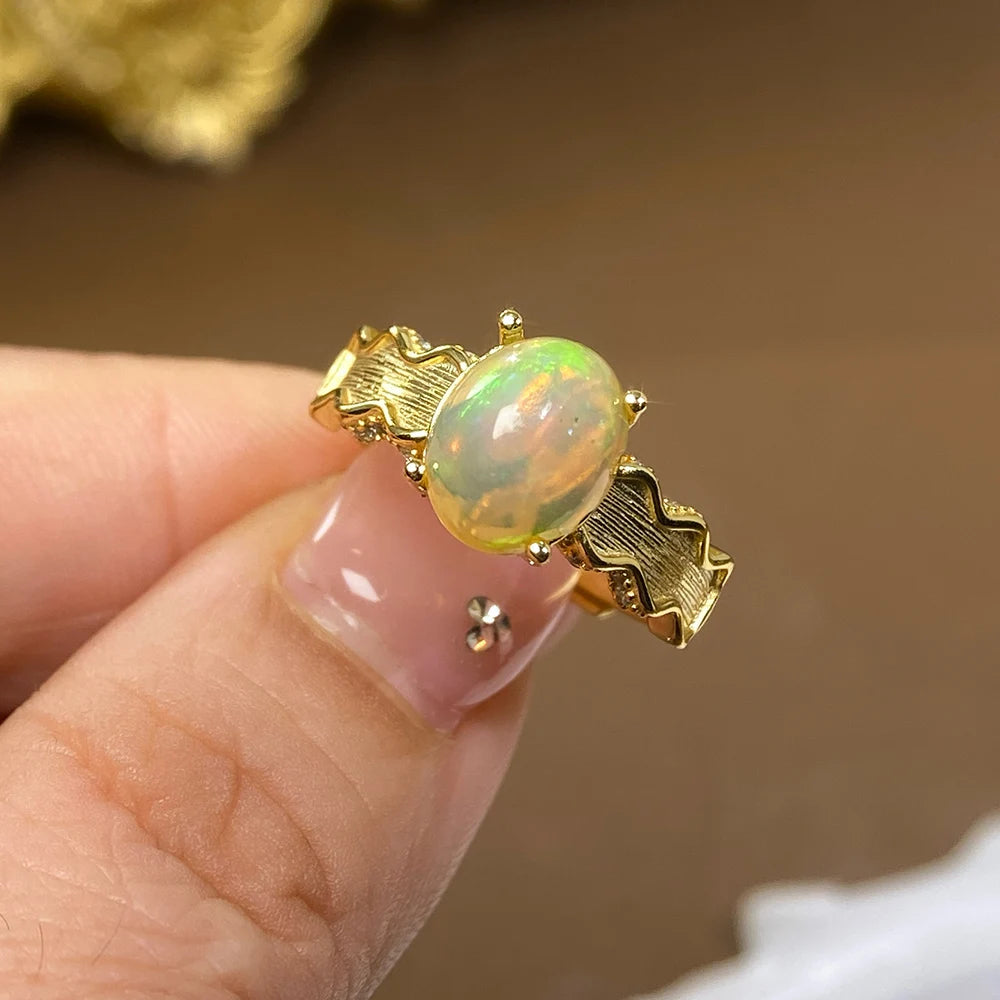 Gioiellieri Natural Ethiopian Opal Ring with S925 Sterling Silver Elegant Multi Color Gemstone Jewelry October Birthstone Gift