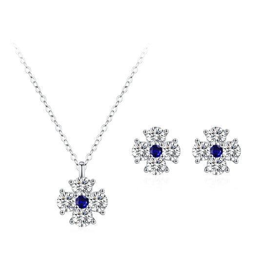 925 Silver Fresh Full Diamond Four Leaf Flower Earnail Necklace Elegant Blue Diamond Jewelry Set Gift Set