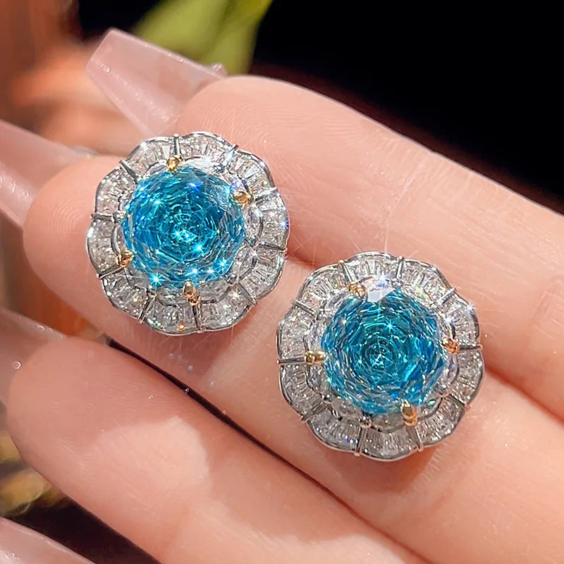 Gemfiori Luxurious Unique Rose Circular Design Necklace Earrings for Girls Blue Cubic Zircon Set Fashionable Women Adjustable Ring