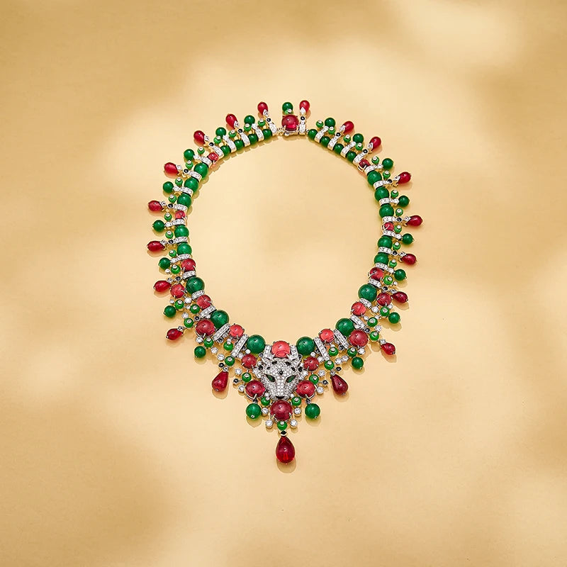 Leopard Print Enamel & Zircon Bead Necklace & Earrings Set