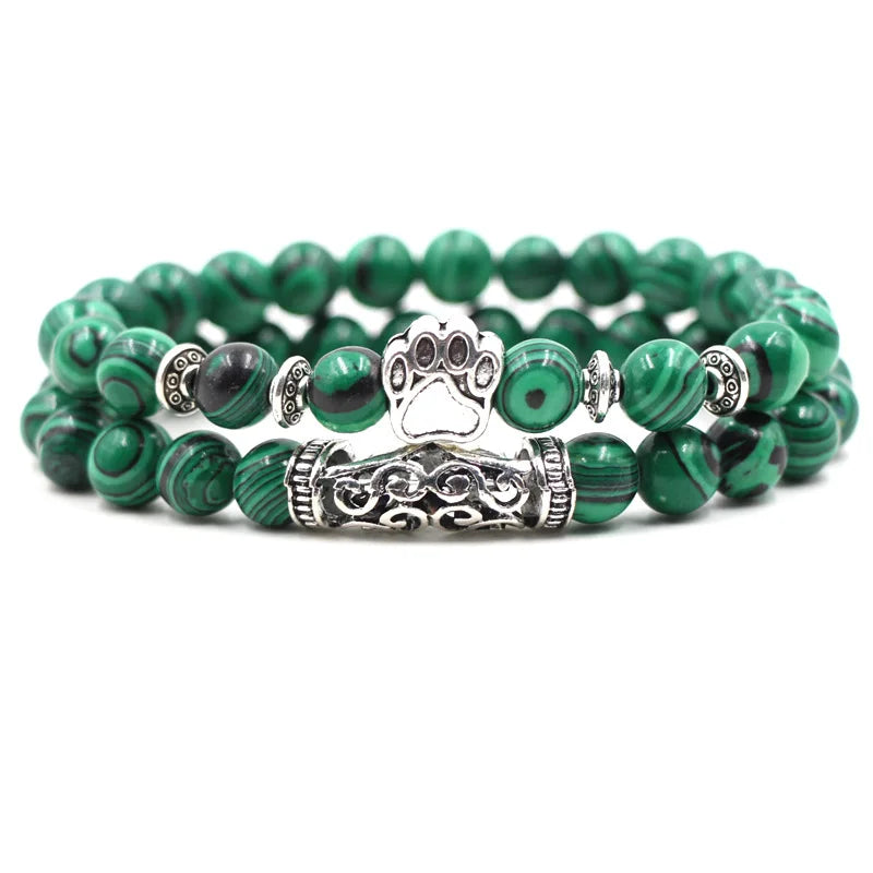 Classic Natural Silver Lion Owl Buddha Head Charm Bracelet Set for Unisex Anniversary 8mm Diamond-Embossed Bangle Chain Bead