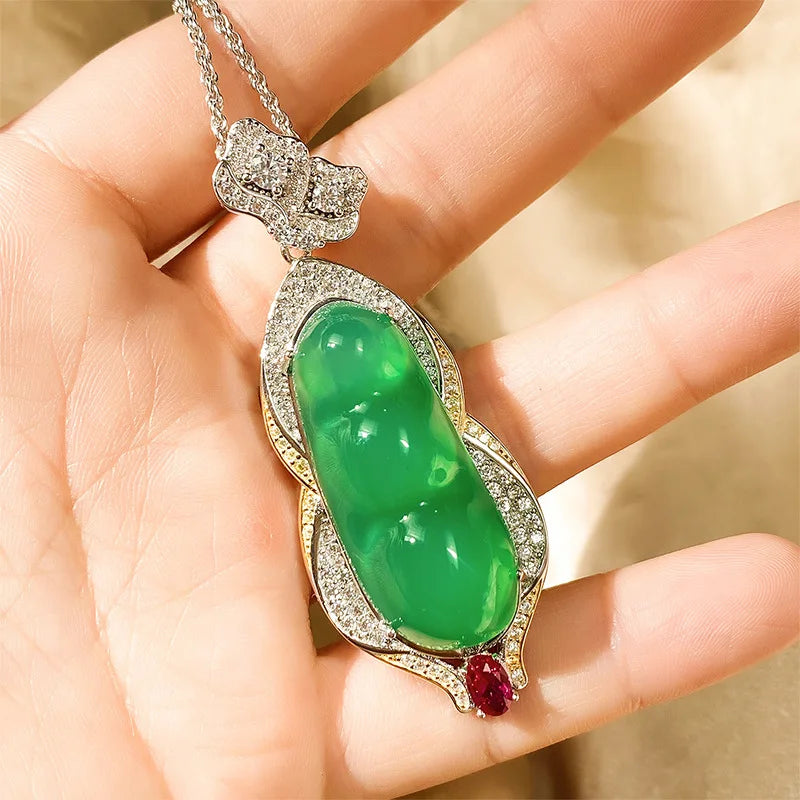 REDheart Inlaid Green Chaltony Fudou Brass Necklace with Zircon Flower Shape Pendant Rhodium Plated Women's Jewelry Set