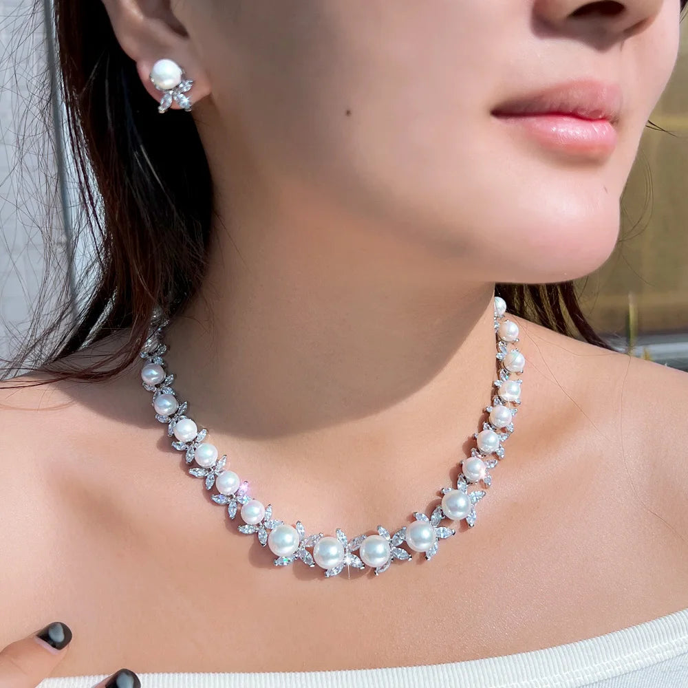 Dazzling Cubic Zirconia Stone Necklace and Earrings Big Imitation Pearl Jewelry Set for Women Wedding Bridal Dress Accessories