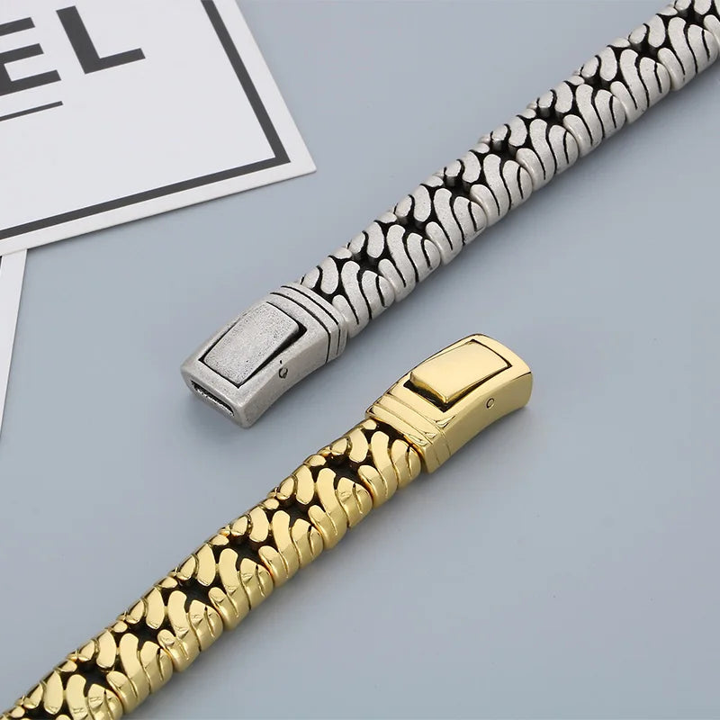 KALEN Men Retro 220mm Matte/Polished Stainless Steel&Leather Links Bracelet