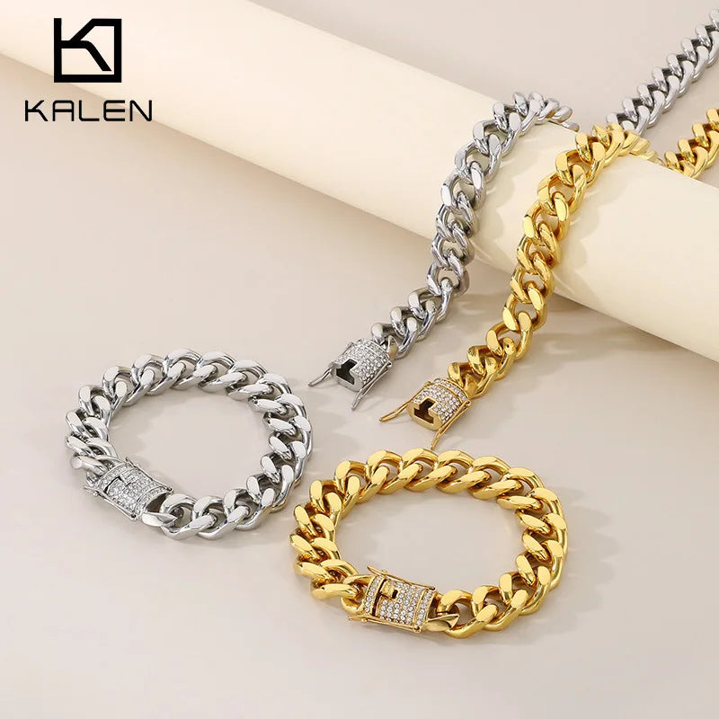 REBEL European American Women's Stainless Steel 316L Cuban Chain Bracelet CNC Exaggerated Zircon for Gift Jewelry Set