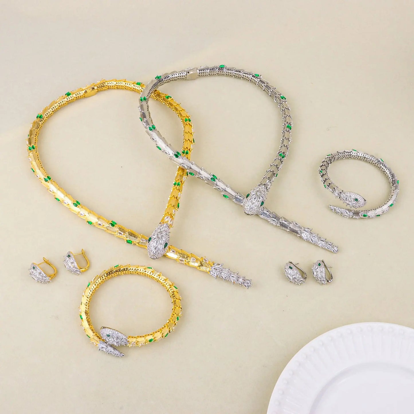 Luxury Snake-Design Zirconia Choker Necklace, Earring & Bangle Bridal Set — Gold & Rhodium Plated