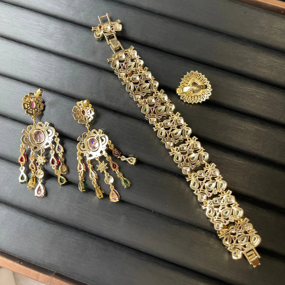 XOTICA TIANSHE Indian Luxury Colorful Zircon Jewelry Set Gold Plated Wide Bracelet Long Tassel Drop Earrings & Flower Ring