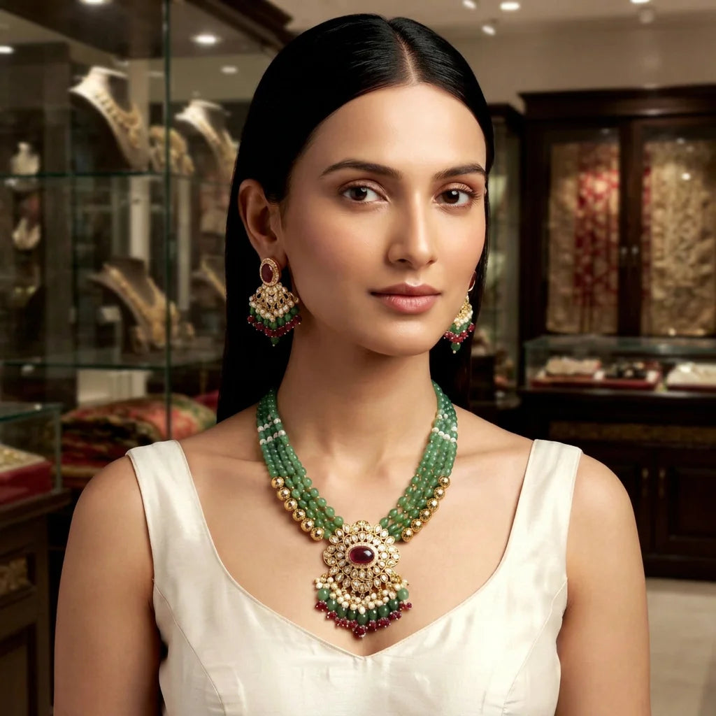 Luxury Green Beaded AD Polki Necklace Set for Women, Premium Bridal Wedding Jewellery, Traditional Indian Ethnic Jewellery Set