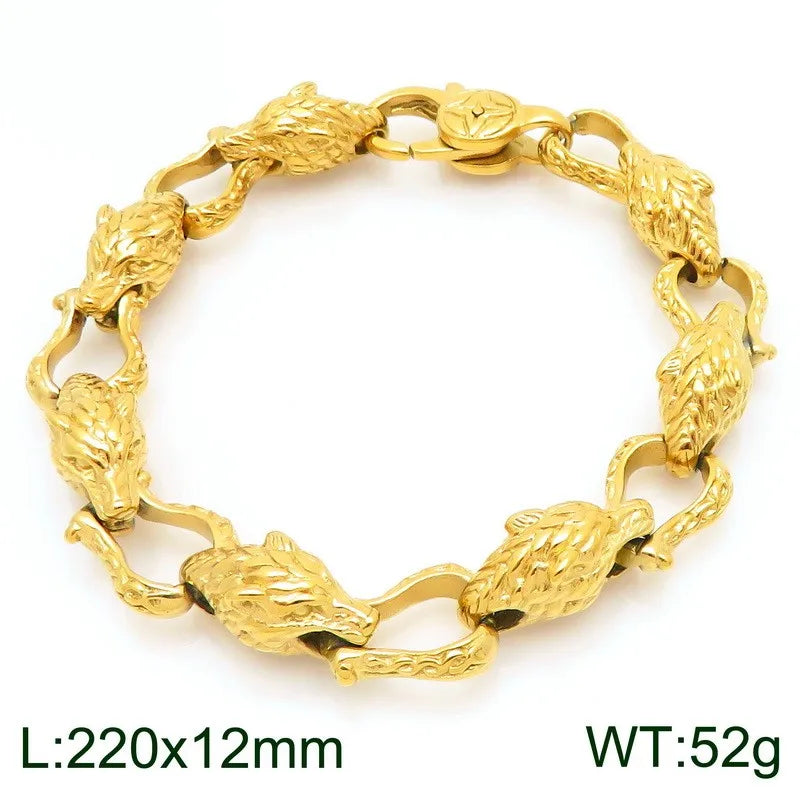 REBEL Fashion Bracelets Men Stainless Steel Punk Wolf Head Links Bracelet Bangle