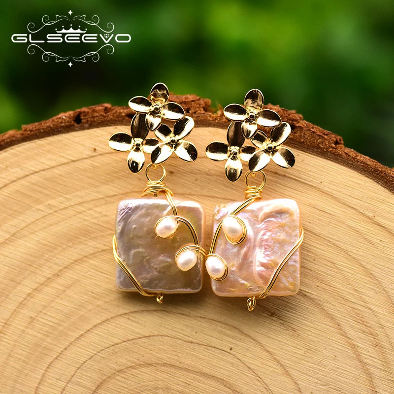 New Yiwu Jewelry Wholesale Natural Baroque Pearl for Women Flower Drop Earrings 18K Gold Plated Fashion Designer Jewelry