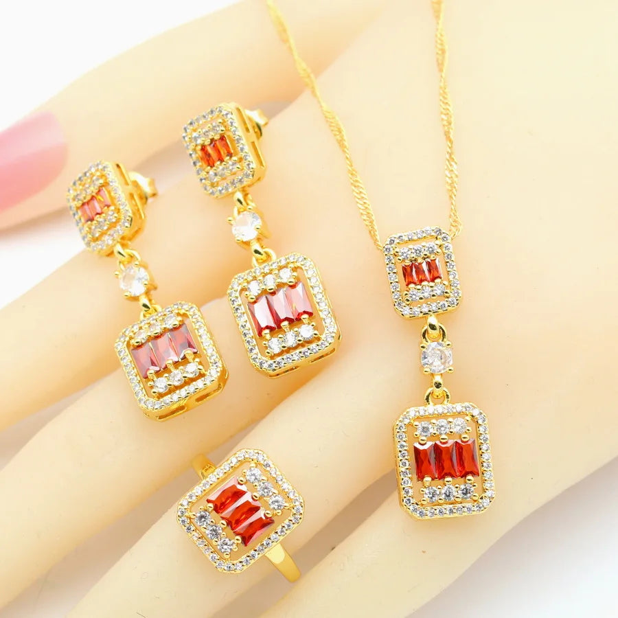XOTICA 2023 New Red Zirconia Crystal Set for Women Classic Alloy Bracelet Earrings Ring Pendant Necklace for Wedding Party Anniversary