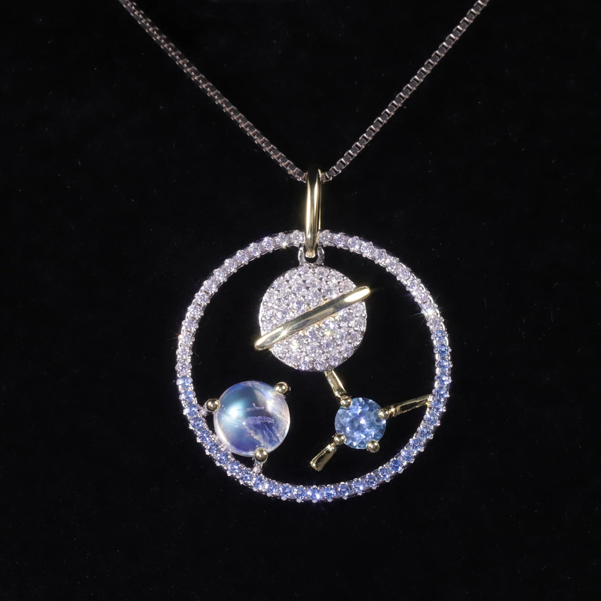 ArtistA C8122 Abiding Universe Element Star Moon 925 Sterling Silver Swiss Blue Topaz Milky Blue Moonstone Planet Pendant for Necklace