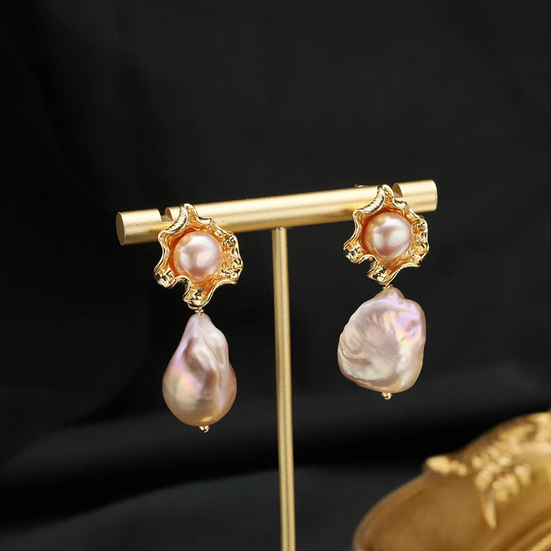 Baroque Nature Pearl Drop Earrings Handmade Precious Stone Korean Style Personality Trendy Jewely for Woman Party