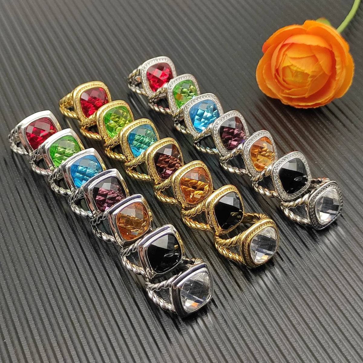 FASHIONISTA DY High-Quality Silver-Plated 14mm Square Diamond-Set Ring, Gold-Plated Colored Gemstone-Set Ring, Jewelry