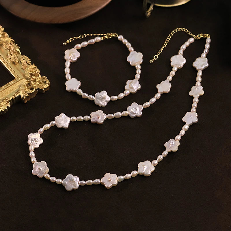 GLSEEVO Natural Flower Shaped Baroque Pearl Jewelry Set Floral Necklace Bracelet Gift for Mother's Day Birthday Fashion Jewelry