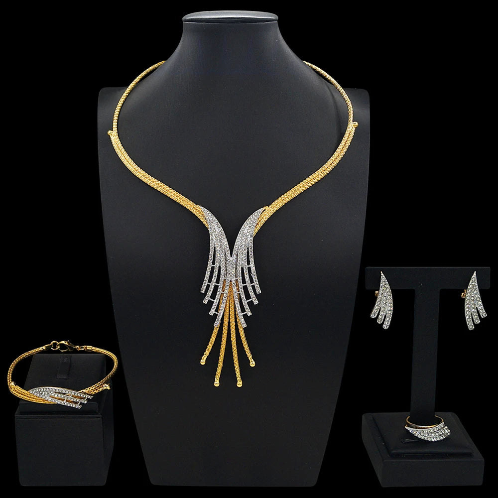Zhuerrui Elegant Gold Plated Tassel Jewelry Set Rhinestones Women Necklace Earrings Bracelet Ring Set Evening Dress X0011330