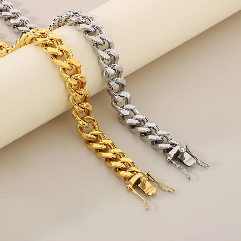 REBEL European American Hip-Hop 18K Gold-Plated 12mm Four-Sided Grind Cuban Chain Stainless Steel Fashion Necklaces