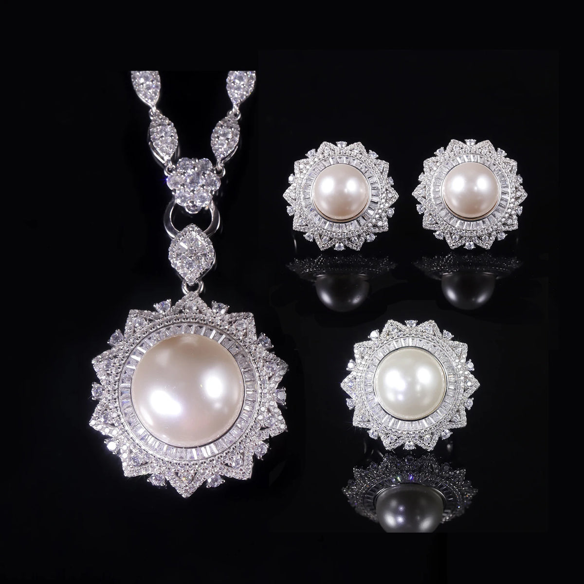 ArtistA Abiding Light Luxury Antique Big Round White Shell Pearl 925 Silver Jewelry Set Cluster Halo Flower Ring Earrings Pendant Set