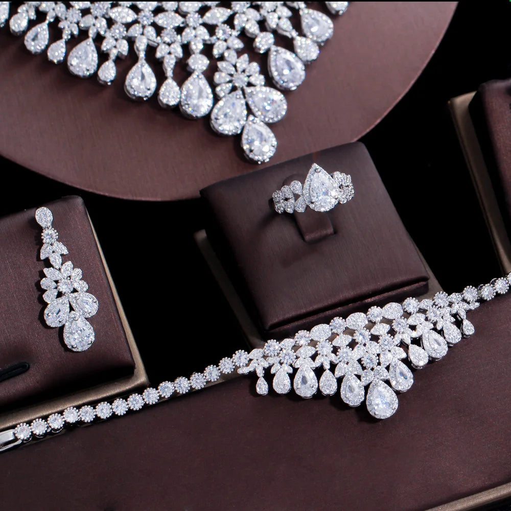 4 Piece Saudi Arabia Necklace Cubic Zirconia Super Big Luxury Jewelry Set for Women's Wedding Dubai Bridal Jewellery Set
