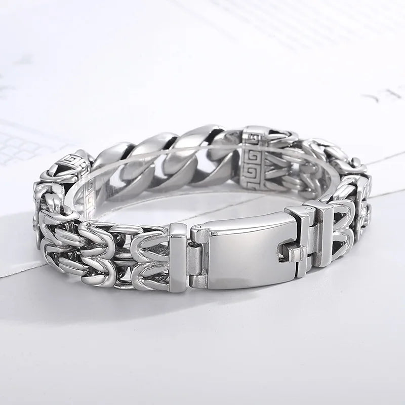 KALEN 225mm Gothic Stainless Steel Herringbone&Cuban Chain Bracelet With Ancient Runes