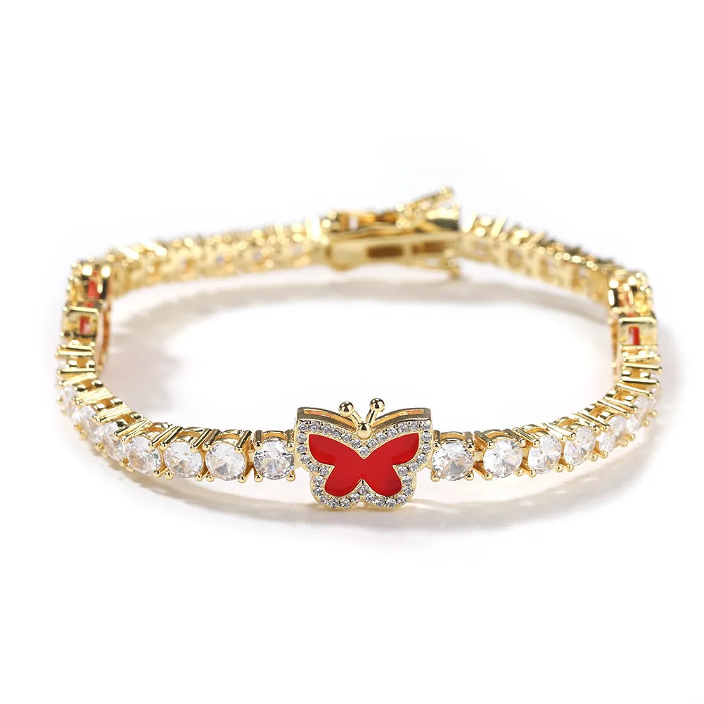 S&S Fashion 4mm Gold Plated Brass Cubic Zirconia Diamond Colorful Butterfly Punk Tennis Bracelet Chain