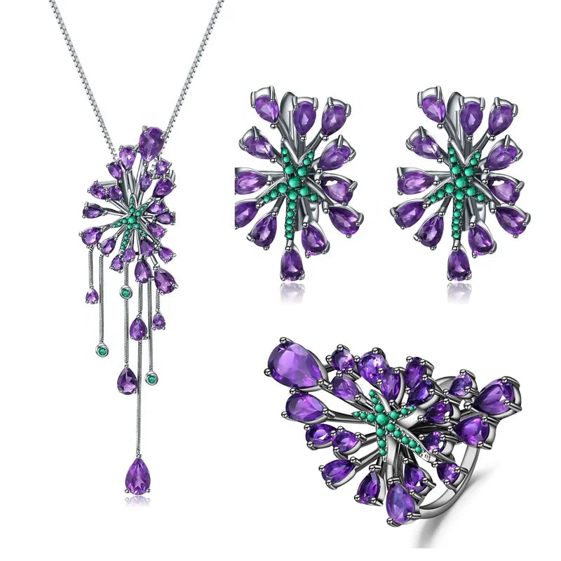 ArtistA Abiding Ring Earring Brooch Pendant Necklace Luxury Natural Amethyst Stone 925 Sterling Silver Bridal Jewelry Sets for Wedding