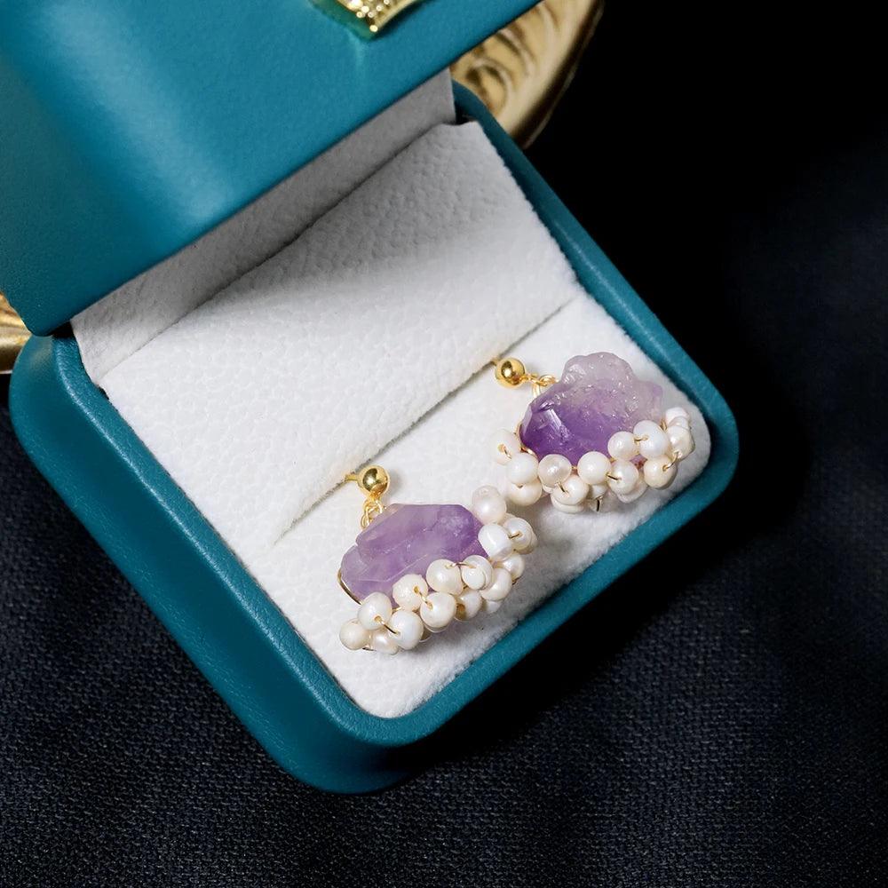 Natural Freshwater Pearl Amethyst Edging Earrings Korean Style Women Luxury Jewelry Fashion Ladies and Girls Gift GE1589