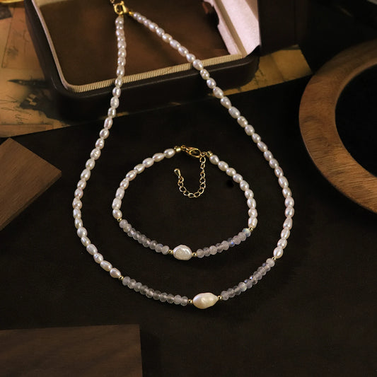 GLSEEVO Natural Freshwater Pearl & Moonstone Necklace & Bracelet Set — Minimalist Bridal Jewellery