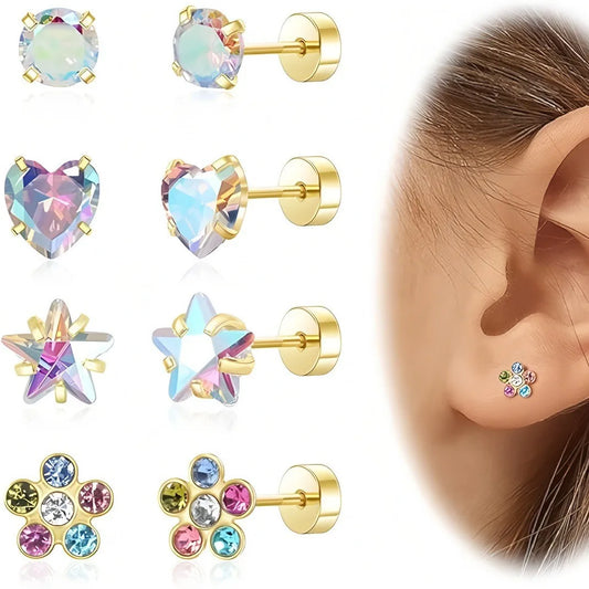 S&S 316L Titanium Steel Zircon Stud Earring Set – 4 Pairs – Collection