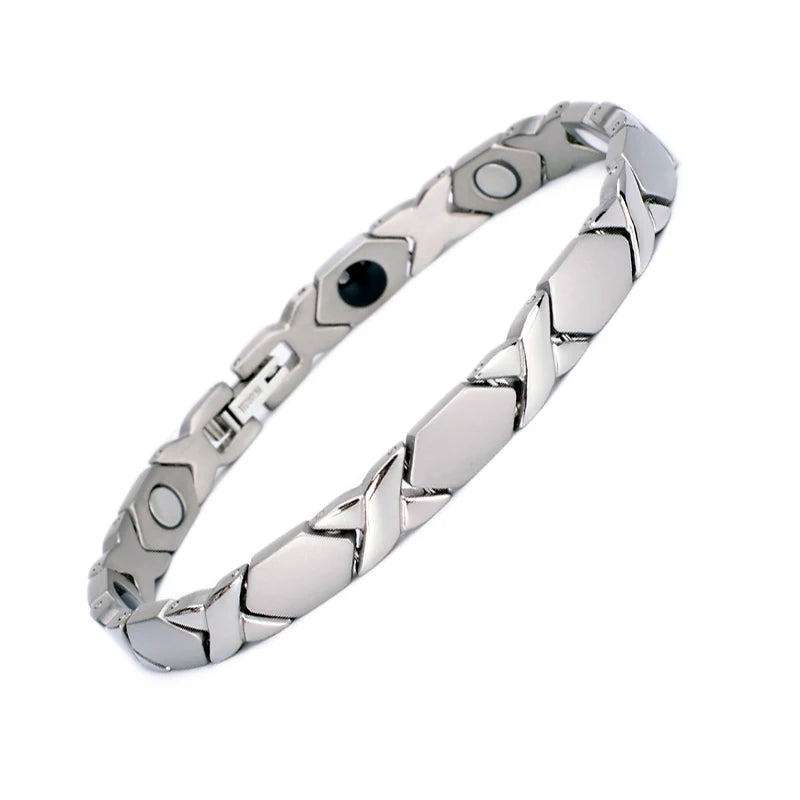 Pure Titanium Steel Magnetic Therapy Silver Energy Bracelet with Far Infrared Negative Ions for Gift Wedding Anniversary Party