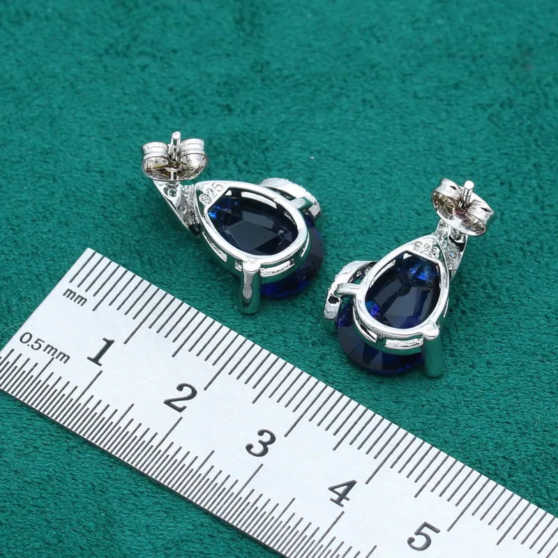 XOTICA Silver Dubai Jewelry Set for Women Royal Blue Semi-Precious Bracelet Earrings Necklace Pendant Ring-for Parties Weddings