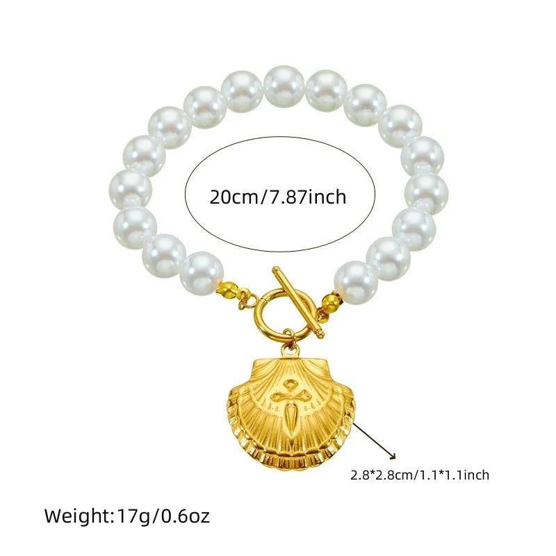 Women's French Vintage Design Pearl Chain Gold-plated OT Clasp Stainless Steel Scallop Starfish Pendant Bracelet Necklace Set