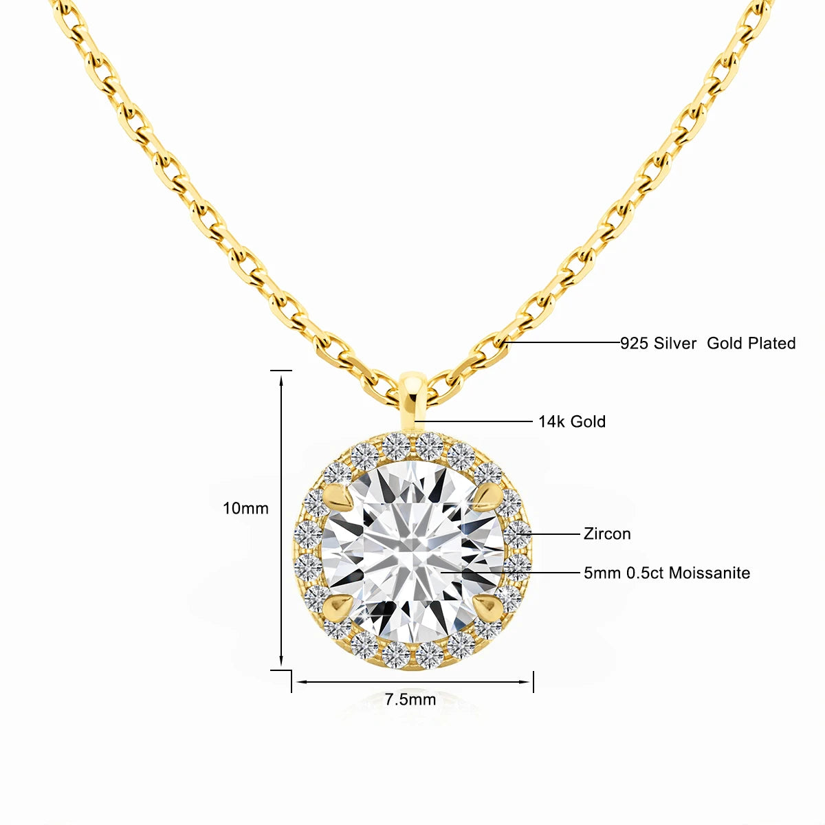 Gioiellieri Luxury 0.5ct 1ct 2ct Round Moissanite Jewelry Halo 14K Gold Women's Gemstone Pendant Premium Gift