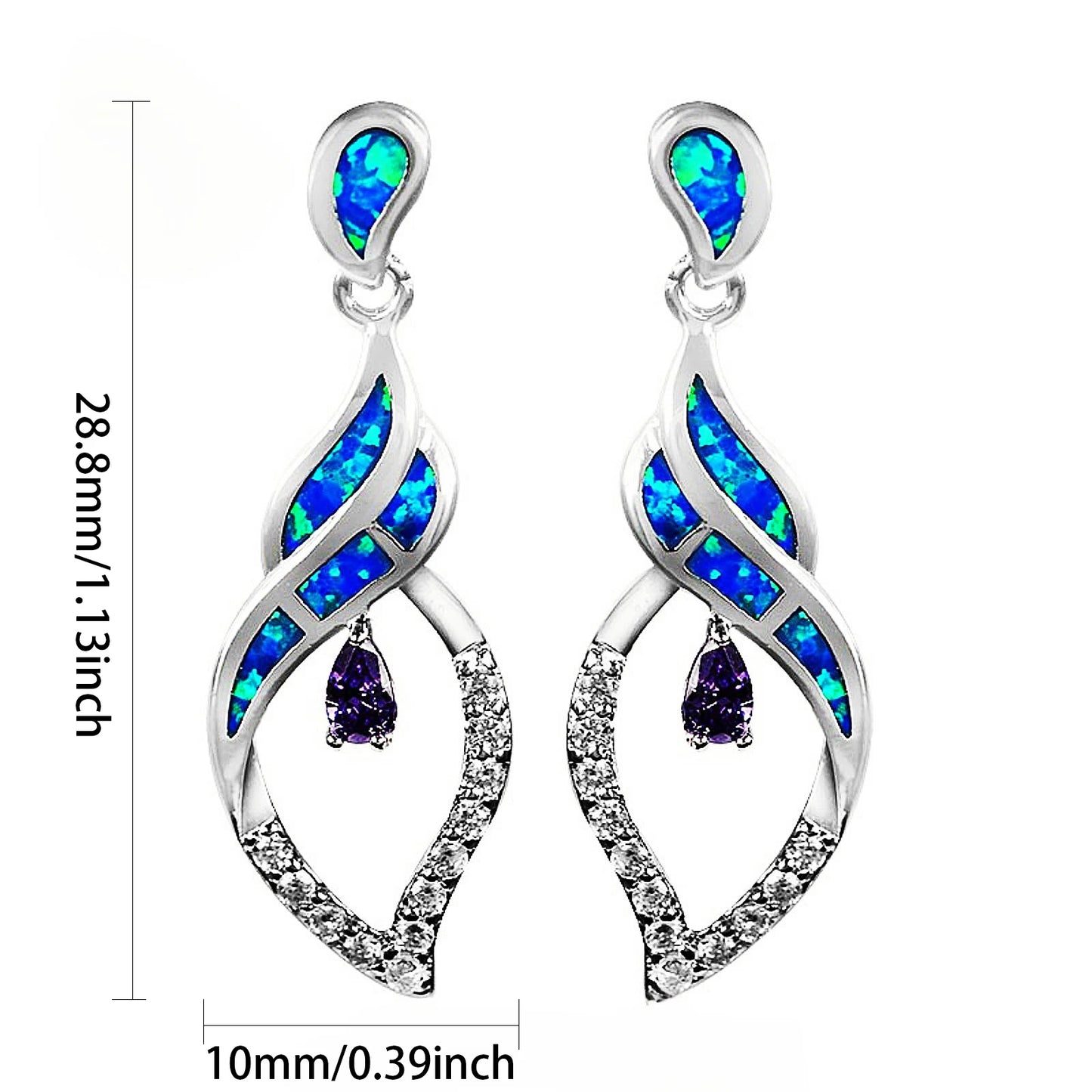Twisted Opal & Amethyst Drop Earrings - Blue Fire Opal & Purple Crystal Inlaid Design | Glam Evening Jewelry Bulk Gifts